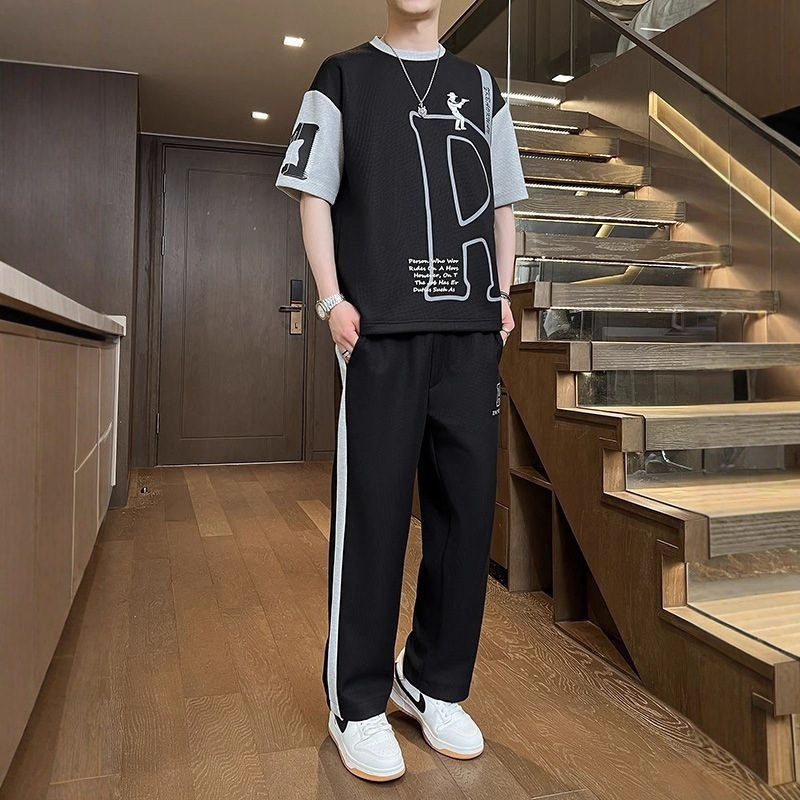 Teenagers Short-Sleeved Trousers Two-Piece Set Men's Fashion Round Neck New Summer Wear Summer Pineapple Plaid Casual Sports Suit