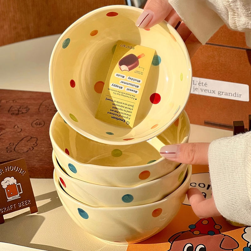 インカラフルな水玉模様のセラミックかわいい釉下色のライスボウル家庭用クリーム食器セット高価値の新しいスタイル|undefined