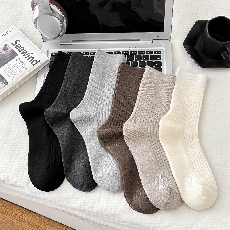 2024 Autumn and Winter Men's Business Wool Socks Solid Color Double Needle Vertical Stripes Men's Socks All-match Basic Mid-tube Socks