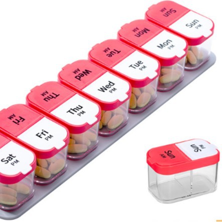 La nueva caja de medicamentos de 14 compartiones de HuDongkang, caja de medicamentos de plástico de 14 compartiones desmontable doble, caja de almacenamiento de plástico PP de grado alimenticio