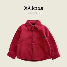 男童童装加绒唐装秋冬季2025新款新中式红色灯芯绒加厚喜庆衬衫