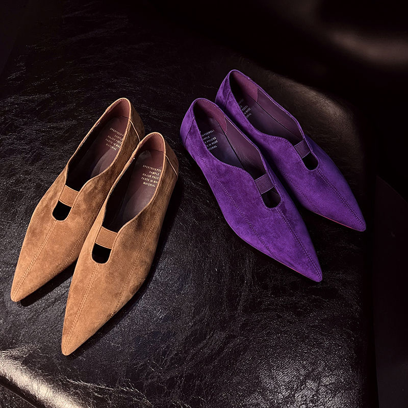 2025春新款羊皮尖头时尚舒适懒人鞋一脚蹬紫色低跟平底浅口单鞋女