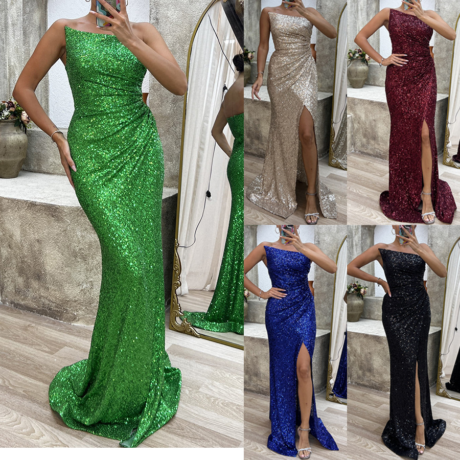 420g Weight Maxi Long Dress Dress Length Type Sleeveless Sleeve Length Party Dress Dresses Type Polyester Fabric Type Mid Waist Waist Line Banquet, Party Occasion Strapless Neckline Slim Fit Type Solid Color Pattern Summer Season Women's Gender Sequins, Slit, Zipper Design Streetwear Style Wholesale Women's Streetwear Sequins Slit Zipper Solid Color Banquet Party Strapless Sleeveless Party Dress 无