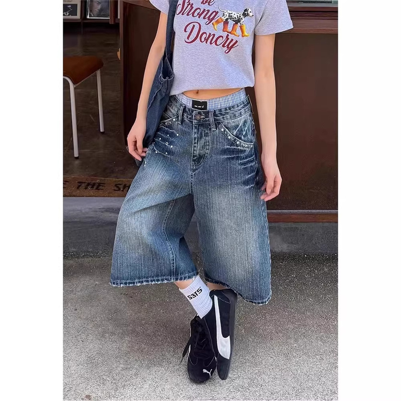 【Han Niu】American-Style Rhinestone-Embellished Bamboo-Patterned Cropped Pants for Women, Summer Washed Loose Wide-Leg Cropped Jeans