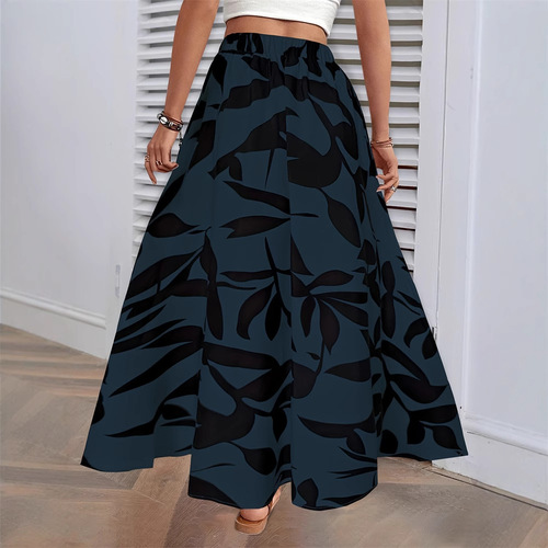 Ins elastic waist printed long A-line semi-slip dress summer high-end temperament commuting drape pleated skirt women's clothing