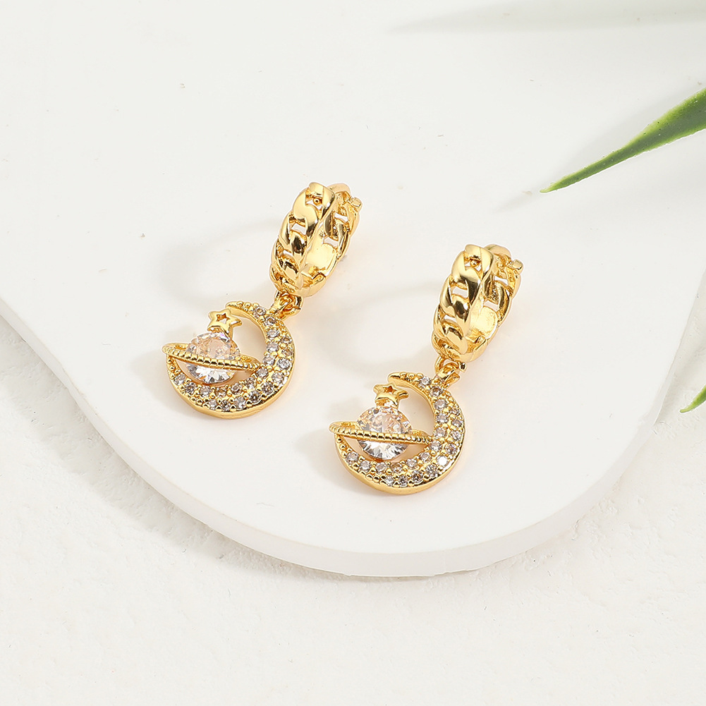 Shiny Moon Planet Copper Gold Plated Zircon Drop Earrings 1 Pair