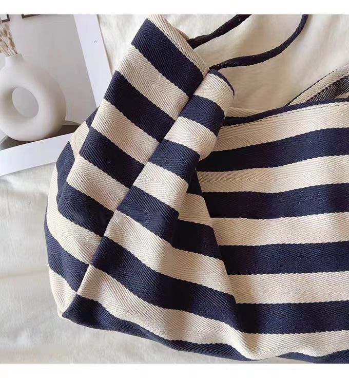 Contrast Stripe Canvas Tote Bag, Large Capacity Shoulder Bag_voghion.com