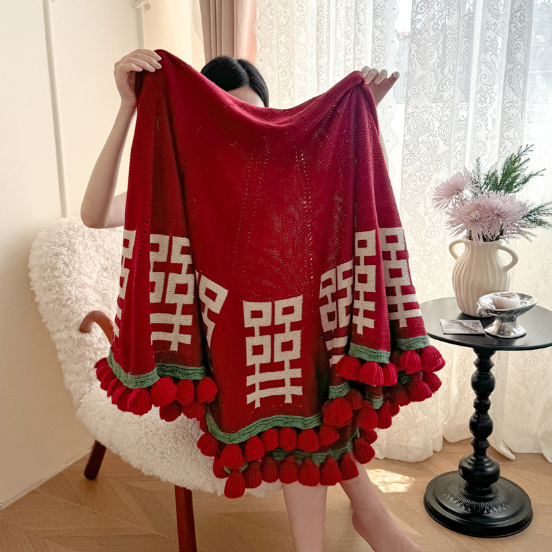 2025新款结婚订婚红双喜玫瑰花永不凋零花束针织毯毛毯披肩盖毯|undefined
