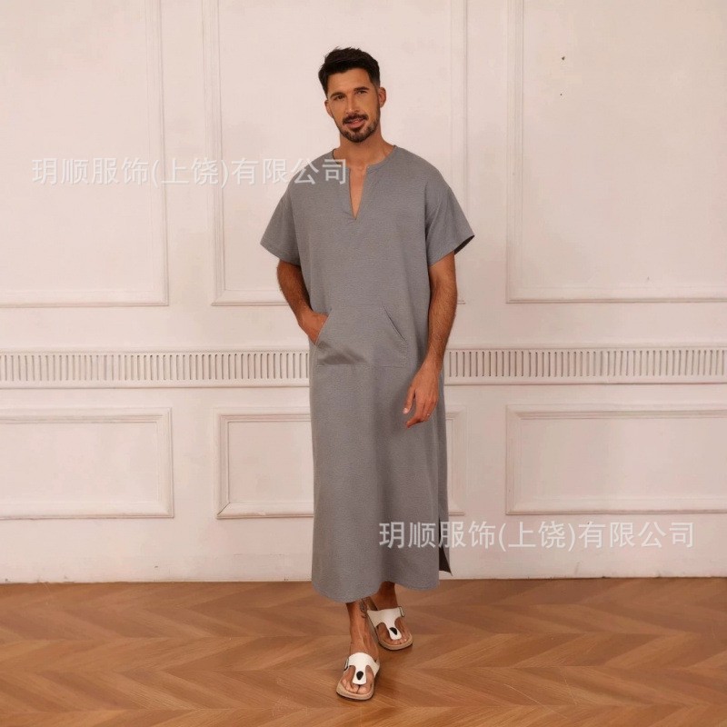 Cross-border men's V-neck robe, loose and casual, vintage ethnic style, summer breathable short-sleeved long shirt
