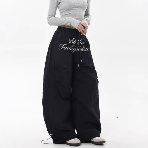 American Retro Letter Embroidered Crepe Parachute Work Pants for Men and Women, Autumn/Winter Design Sense Fleece Wide Leg Bow Knife Pants