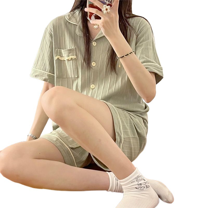 (2개) 3 피스 잠옷 여성의 새로운 봄과 가을 간단한 귀여운 반팔 바지 홈 의류 여름 얇은 외부 착용