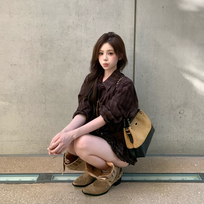 美式辣妹复古咖色格子衬衫气质长袖衬衣女秋季设计感开衫外套上衣|undefined