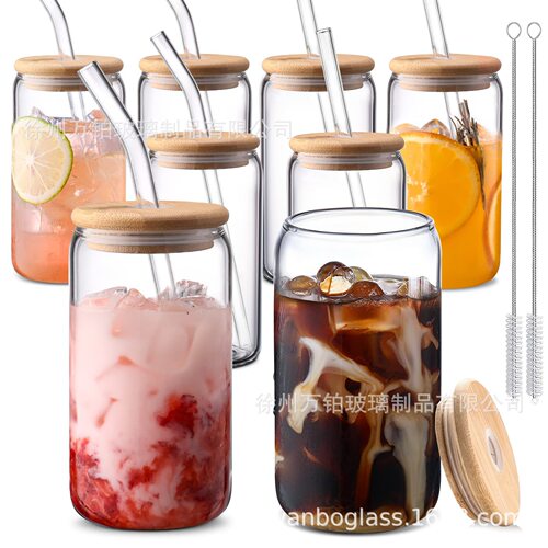 Cross-border hot sublimation cola cup bamboo lid with straw glass cup transparent Mason jar juice coffee cup beer cup
