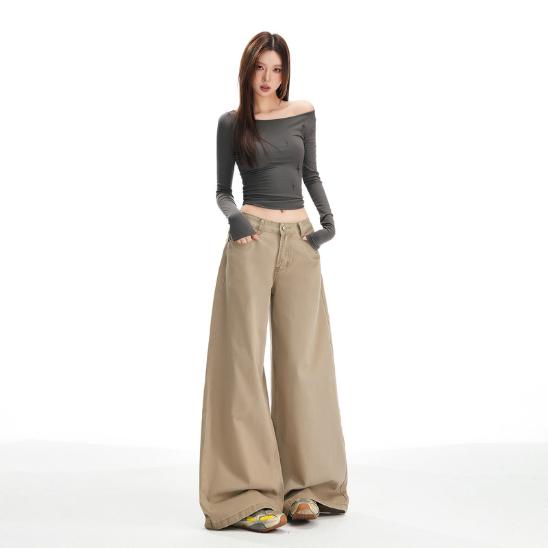 Orange Silk Women's Clothing # American Retro Khaki Wide-Leg Jeans for Women, Autumn High-Waisted Slimming Floor-Length Loose Casual Pants Orange Silk Women's Clothing # American Retro Khaki Wide-Leg Jeans for Women, Autumn High-Waisted Slimming Floor-Length Loose Casual Pants
