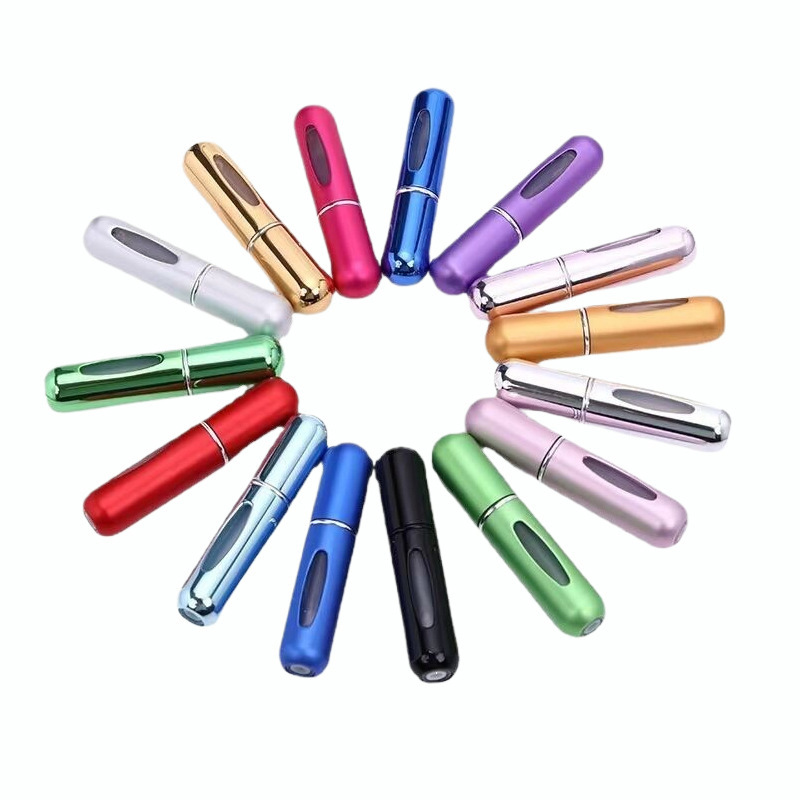 Botella de perfume recargable prefabricada de 5 ml, llenado inferior, tamaño portátil de viaje, botella de spray de perfume de aluminio electroquímico tipo prensa
