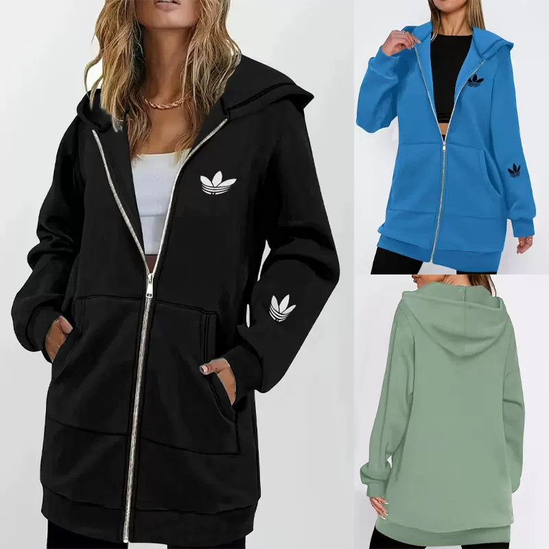 亚马逊外贸跨境秋冬印花长款连帽外套简约时尚拉链卫衣外套上衣女