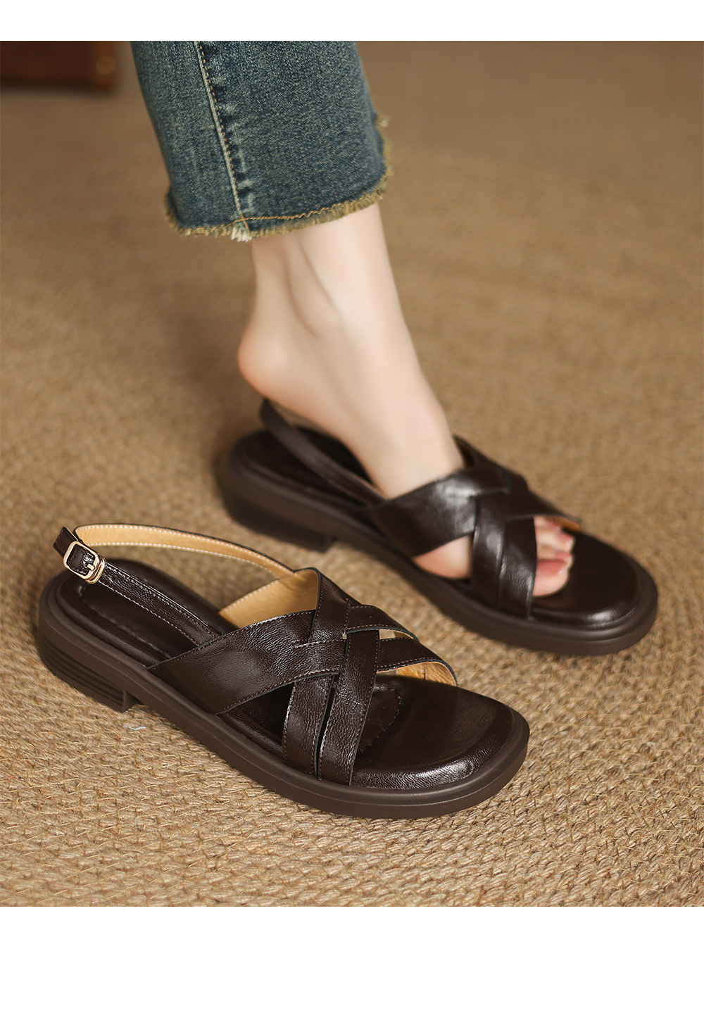 Dép sandal nữ quai chữ V đế bệt hở mũi, phong cách đi biển mùa hè — màu nâu chi tiết 14
