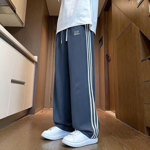 Spring and Autumn New Fashion Trendy Casual Pants for Men Stylish Stretch Waist Striped Sports Straight Leg Long Pants
