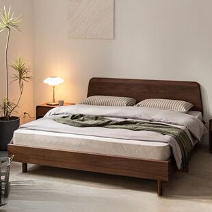 Nordic Black Walnut Full Solid Wood Double Suspension Bed Modern Simple Bedroom Bed Master Bedroom Double Bed Solid Wood Log