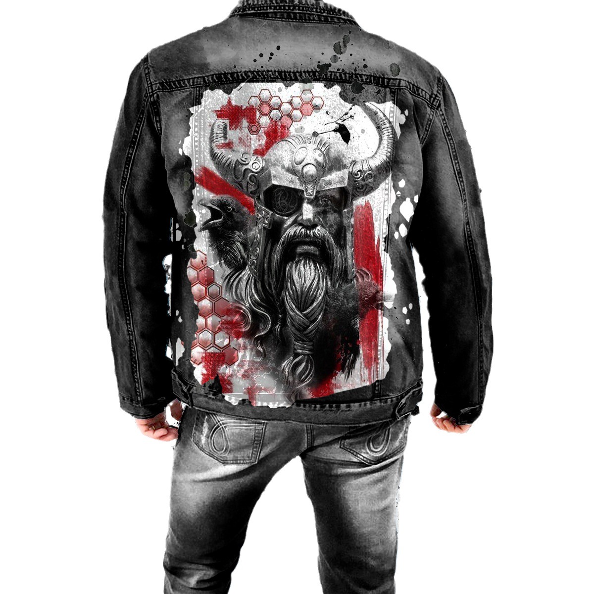 2025 Viking printed lapel classic washed denim cowhide jacket, men's clothing_voghion.com