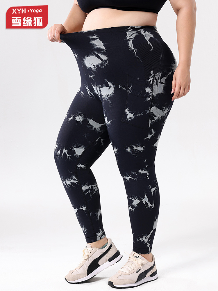 Europa y los Estados Unidos de tamaño grande con bolsillo atado, teñido, pantalones de calzada de cintura alta, leggings deportivas, pantalones de compresión para correr