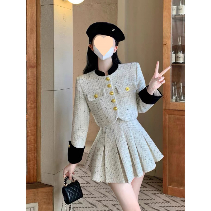 Fashionable small dress age-reducing two-piece spring new small fragrance style color-blocking long-sleeved jacket + pleated skirt