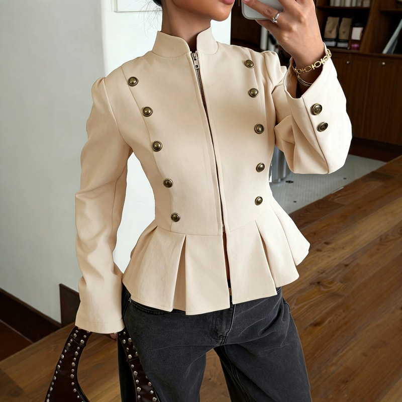2026 cross-border women's fashion: new European and American style, retro, metallic double-breasted, fitted Napoleon jacket 2026 cross-border women's fashion: new European and American style, retro, metallic double-breasted, fitted Napoleon jacket