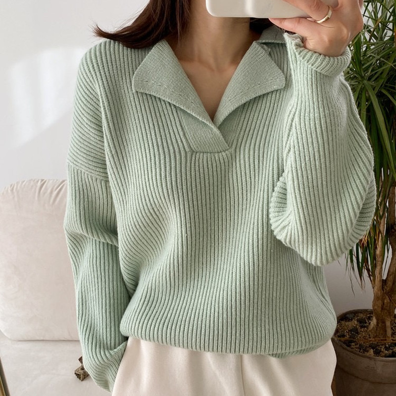 Corea del Sur nuevo suéter de las mujeres 2023 otoño medio abierto solapa pullover estilo coreano manga larga ropa exterior suéter Suelto