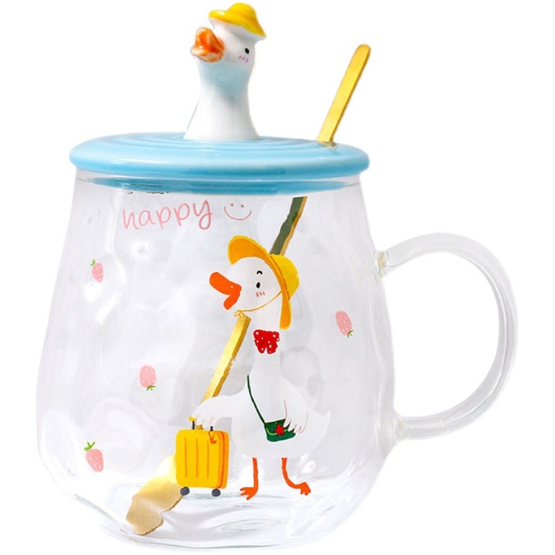 Pato de dibujos animados creativo taza de cristal transparente con tapa cuchara taza estudiante regalo personalizado taza de beber