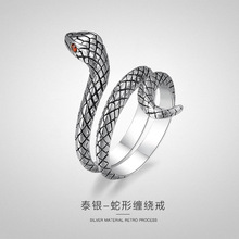 创意蛇形缠绕纯银男士银戒指潮复古个性开口指环单身尾戒女