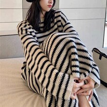 黑白条纹中长款毛衣裙2025秋冬新款韩系慵懒风宽松休闲针织连衣裙