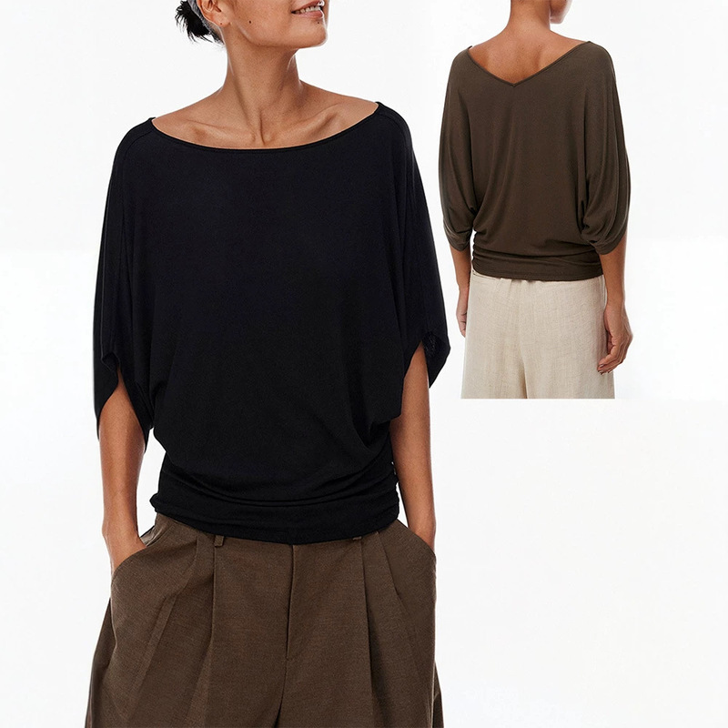 In-stock high-end old money style off-the-shoulder batwing sleeve T-shirt for women, casual loose-fitting relaxed five-sleeve blouse top In-stock high-end old money style off-the-shoulder batwing sleeve T-shirt for women, casual loose-fitting relaxed five-sleeve blouse top