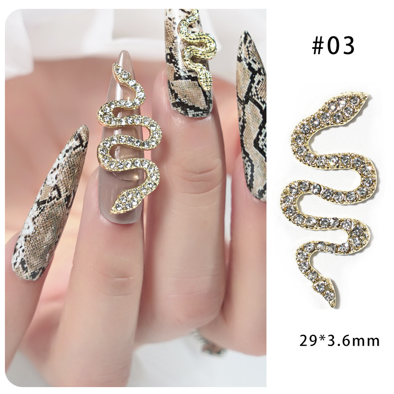 Aleación de uñas serpiente incrustada en diamantes accesorios de uñas tridimensionales Diamante de uñas joyas de metal oro plata diamante accesorios de uñas