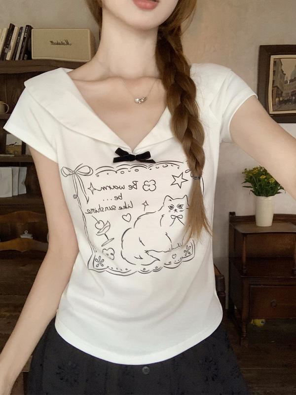 スイートガールドールカラー半袖Tシャツレディース右肩2025年夏新作スリムガールプリントリボントップ|undefined
