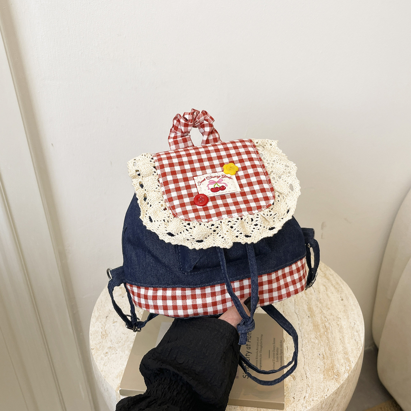 Mochila de denim de encaje de moda 2026 nueva moda mochila de encaje a cuadros, mochila portátil