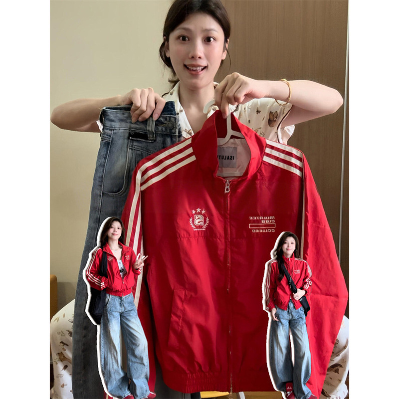 美式复古红色工装外套女春秋季高级感休闲宽松夹克上衣设计感小众|undefined