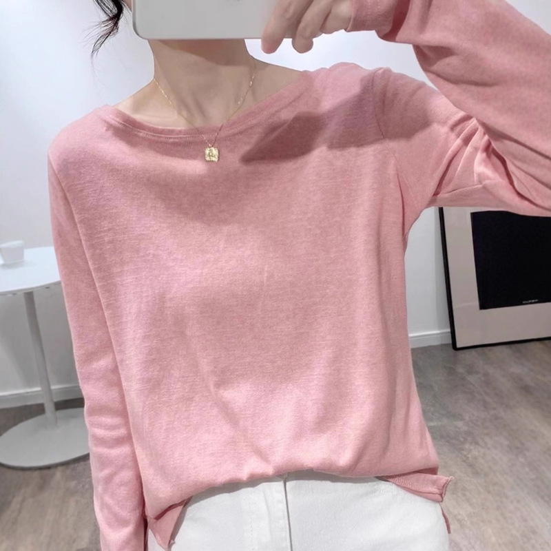 European Linen Round Neck Right Shoulder Early Spring Pure Color New Long-Sleeved T-Shirt 2025 Loose Inner Layering Shirt Women's Top