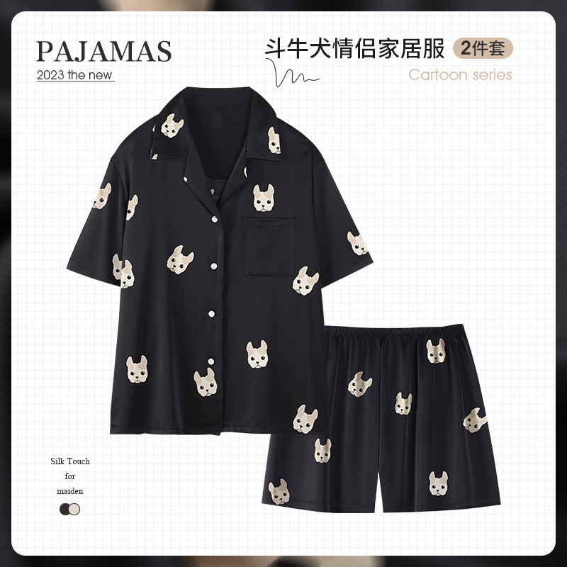 男性と女性のための黒のカップルパジャマ夏のアイスシルク半袖ショーツ模擬シルククールな夏のホーム服春と秋のスタイル|undefined
