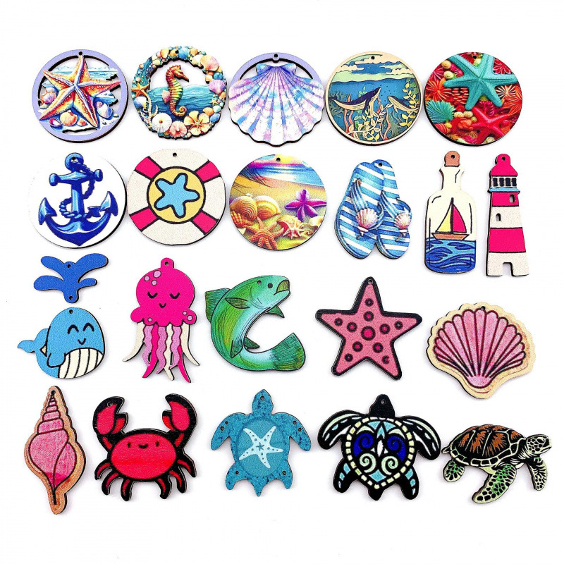 跨境爆木质彩色印花海龟漂流瓶船锚夏日海洋挂件 DIY耳环钥匙