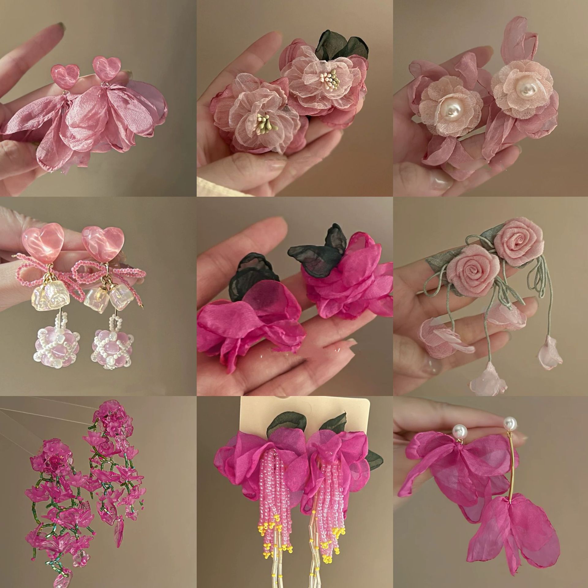 Pendientes de perlas de flores de colores de hilo de malla de súper hada de aguja de plata Pendientes de todo fósforo de la serie Mori Pendientes dulces y frescos del corazón de la niña