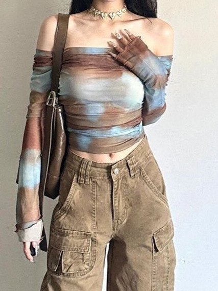 女性用ワンショルダーTシャツ、春スリムフィットトップ、グラデーションへそ出し長袖ボトムシャツ、2025年夏新スタイル|undefined