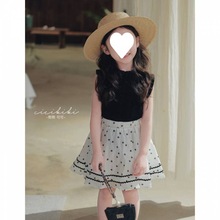 韩版童装女童时尚夏季套装2024新品儿童针织外套法式波点半身裙