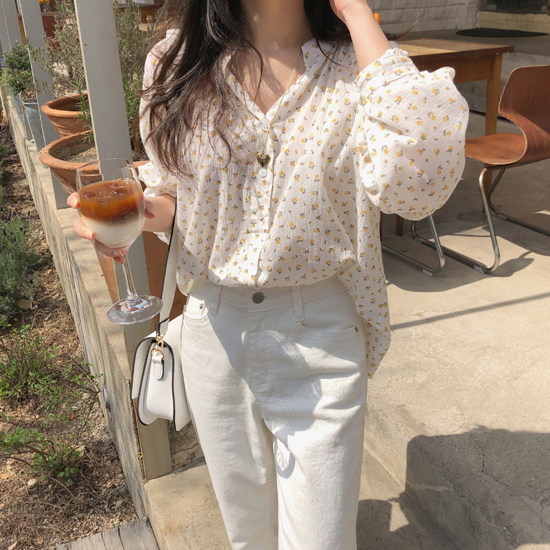 Spring and Autumn 2021 New Korean Style Fresh Soft and Comfortable Wrinkled Loose Floral Pattern Shirt for Women