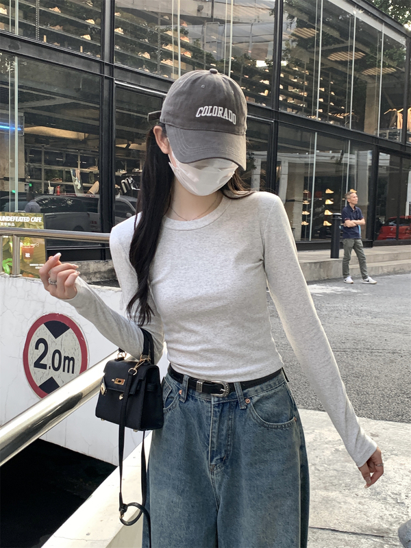 圆领长袖打底衫白色T恤女装秋季基础修身时尚感百搭正肩内搭上衣|undefined