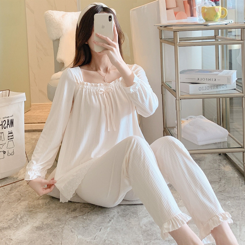 Primavera y otoño nuevos pijamas de las mujeres fuera del cuello de manga larga arco de color sólido dulce lindo traje de desgaste para el hogar se puede usar fuera