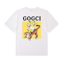 印花宽松短袖T恤黑色款G家新款老虎复古风格图案夏装 情侣衫批发
