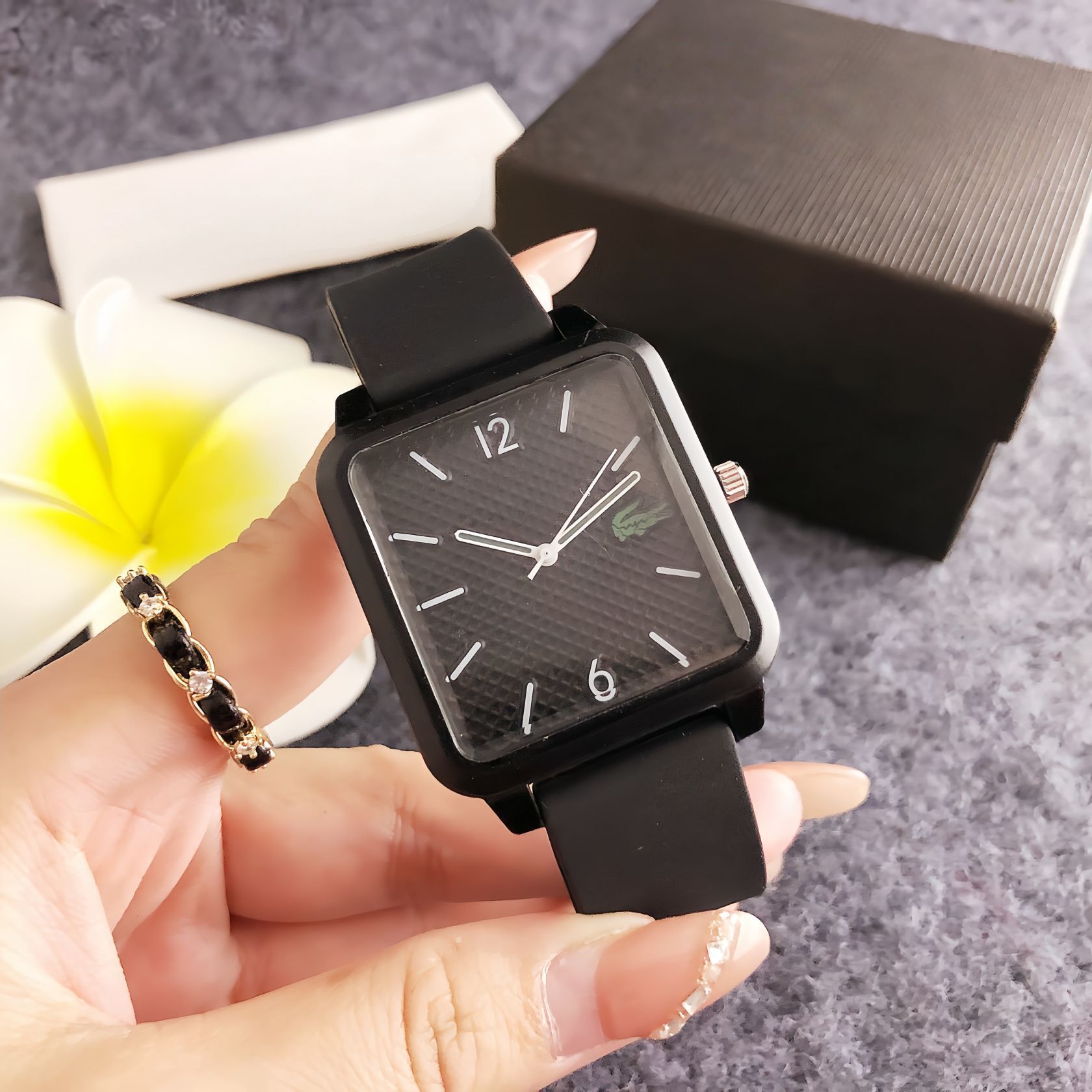 watches方形黑盘腕表碳纹表盘硅胶表带数字刻度手表方形手表男