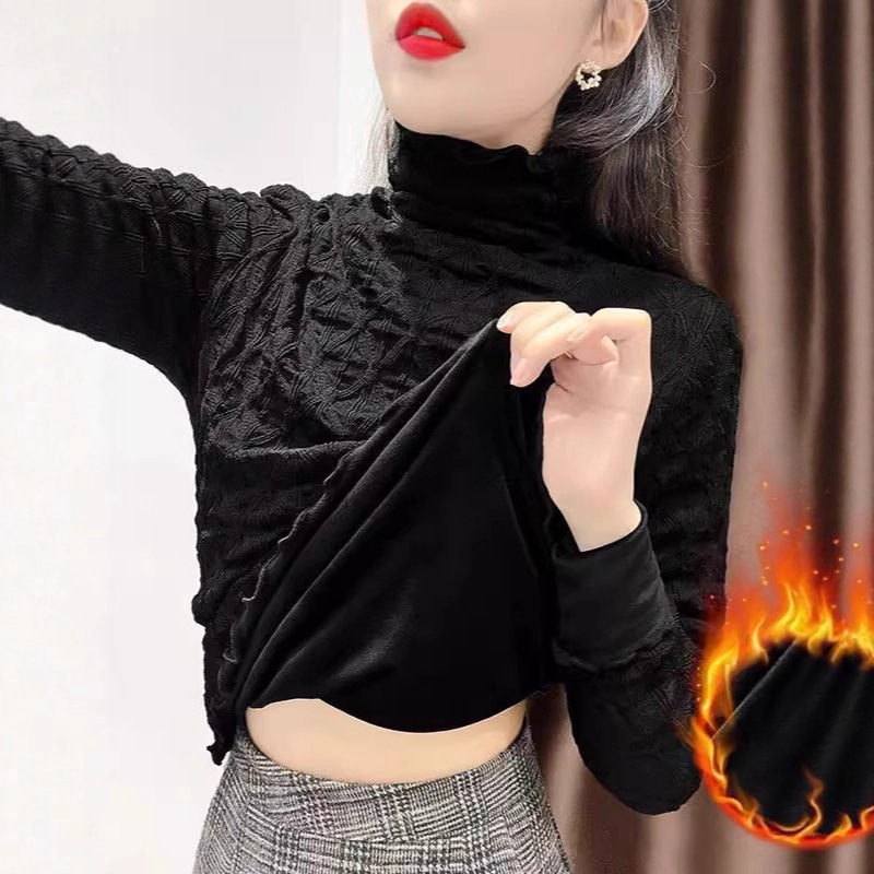 White Velvet Lace Bottoming Shirt, Thickeneded and Warm in Winter, High Collar, Fashionable and Stylish Long-Sleeved Mesh Top for Women