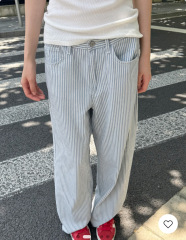 BM风 美式复古条纹长裤女bm修身显瘦直筒腿裤纽扣休闲长裤子