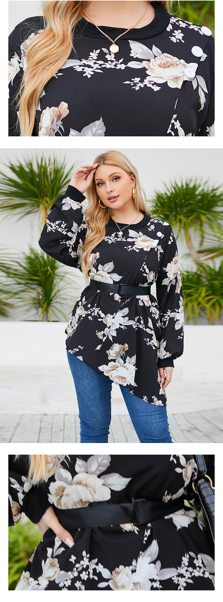 spring plus size floral long-sleeved chiffon T-shirt nihaostyles wholesale clothing NSJR92574